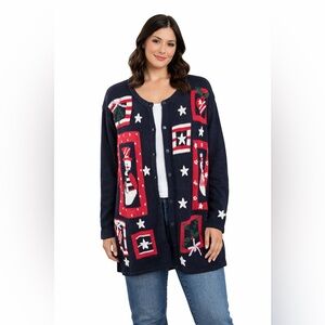 QUACKER FACTORY Christmas Sweater Womens 1X Cardigan Stars Snowmen Blue …